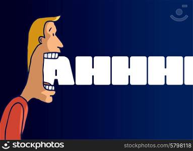 Cartoon illustration of scared man screaming loud letters
