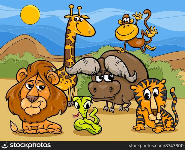 Cartoon Illustration of Scene with Wild African Animals Characters Group