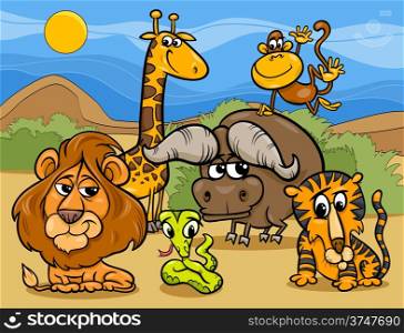 Cartoon Illustration of Scene with Wild African Animals Characters Group