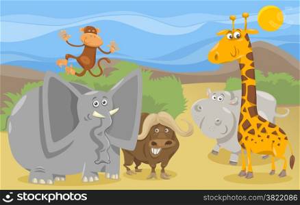 Cartoon Illustration of Scene with Wild African Safari Animals Characters Group