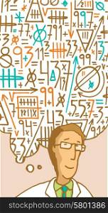 Cartoon illustration of scientist formulating a complex mathematical thought in his mind