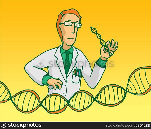Cartoon illustration of scientist researching genes or manipulating dna sequence