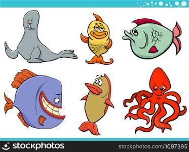 Cartoon Illustration of Sea Life or Marine Animal Characters Set