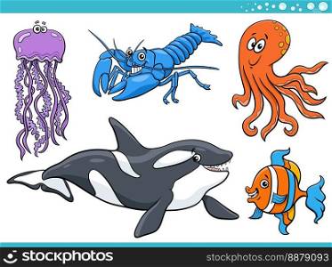 Cartoon Illustration of sea life or marine animal characters set