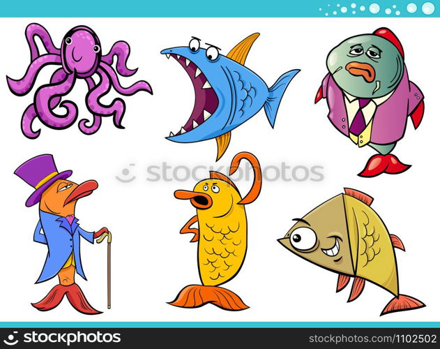 Cartoon Illustration of Sea Life or Marine Animal Funny Characters Set