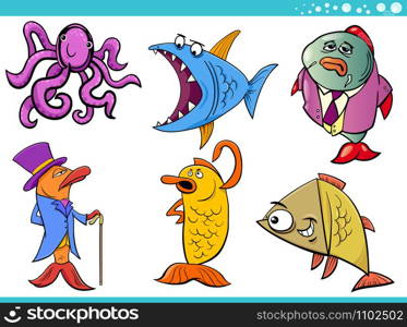 Cartoon Illustration of Sea Life or Marine Animal Funny Characters Set