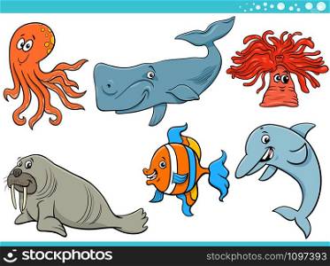 Cartoon Illustration of Sea Life or Marine Wild Animal Characters Set
