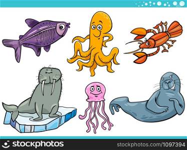 Cartoon Illustration of Sea Life or Marine Wild Animal Characters Species Set