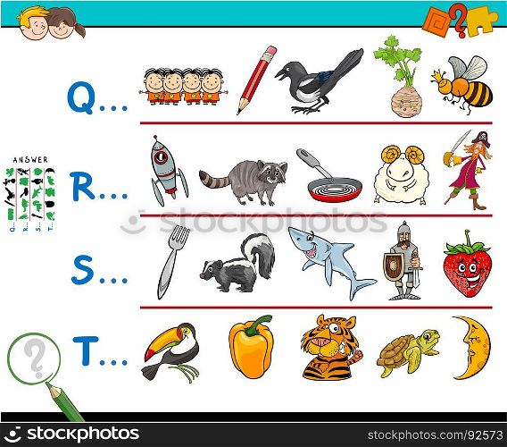Cartoon Illustration of Searching Pictures Starting with Referred Letter Educational Game Worksheet for Kids