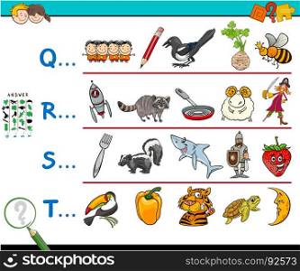 Cartoon Illustration of Searching Pictures Starting with Referred Letter Educational Game Worksheet for Kids