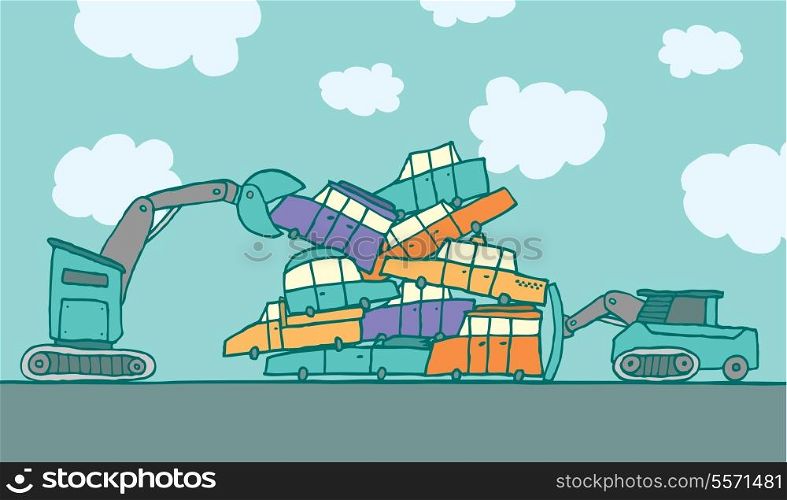 Cartoon illustration of service vehicles putting colors cars together in a junkyard