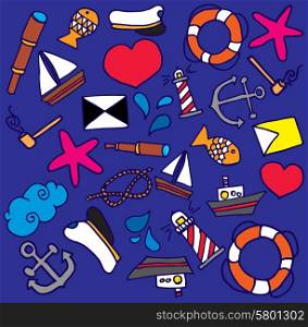 Cartoon illustration of several navy icons including lighthouse, ship, anchor, rope and fish
