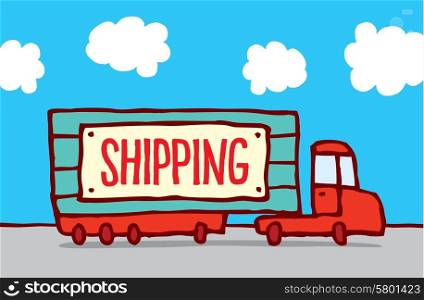 Cartoon illustration of shipping truck on the road with transportation sign
