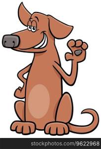Cartoon illustration of sitting brown dog comic animal character waving his paw