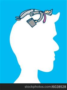 Cartoon illustration of small businessman resting on silhouette head