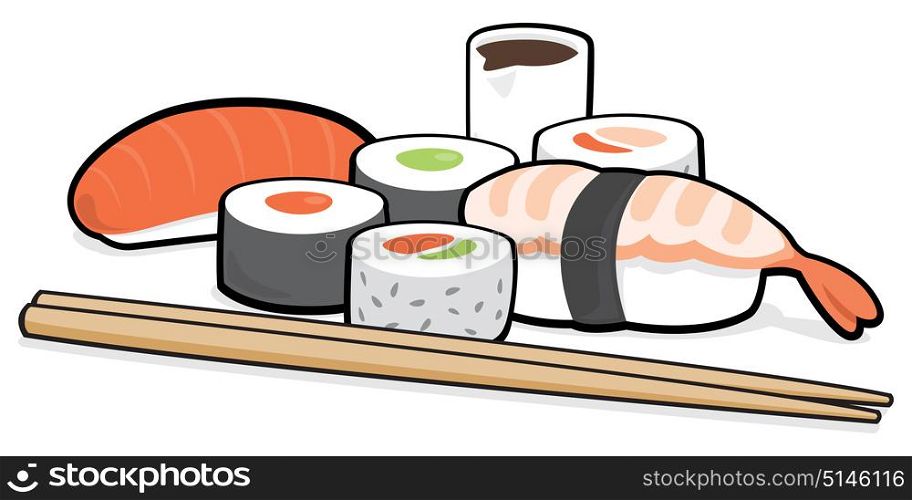 Cartoon illustration of small group of assorted sushi pieces