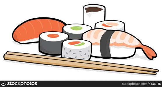 Cartoon illustration of small group of assorted sushi pieces