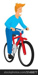 Cartoon illustration of smiling man riding a bike or bicycle