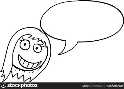 Cartoon illustration of smiling woman female head with empty text speech bubble balloon.