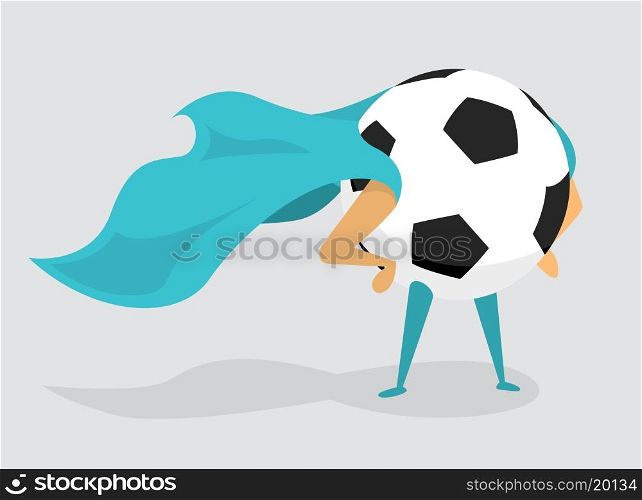 Cartoon illustration of soccer ball with cape as super hero