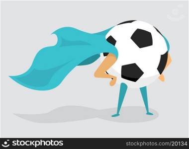 Cartoon illustration of soccer ball with cape as super hero