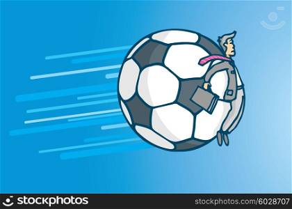 Cartoon illustration of soccer business or businessman pushed around by giant ball
