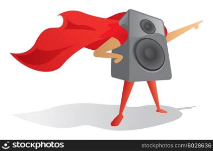 Cartoon illustration of sound speaker super hero with cape