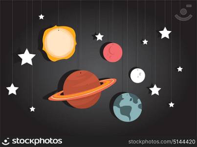 Cartoon illustration of space mobile with hanging planets and stars