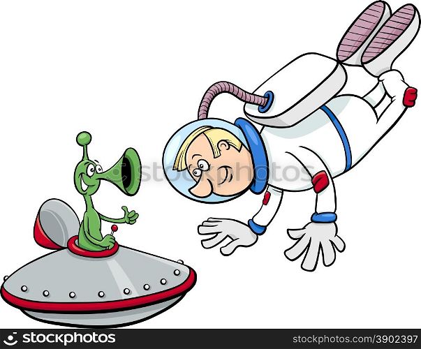 Cartoon Illustration of Spaceman or Astronaut with Alien in Space