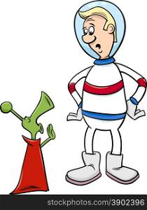 Cartoon Illustration of Spaceman or Astronaut with Alien Minister