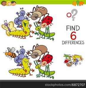 Cartoon Illustration of Spot the Differences Educational Activity Game for Children with Insects Animal Characters Group