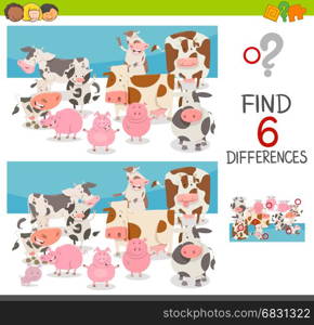 Cartoon Illustration of Spot the Differences Educational Game for Children with Cows and Pigs Farm Animal Characters