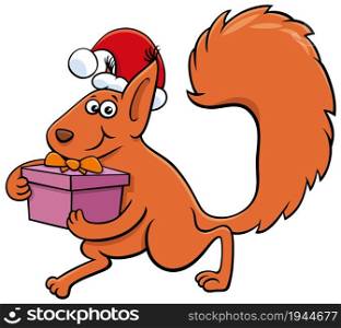 Cartoon illustration of squirrel animal character with present on Christmas time