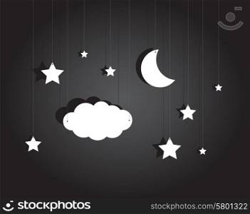 Cartoon illustration of stage hanging sky with moon, stars and cloud