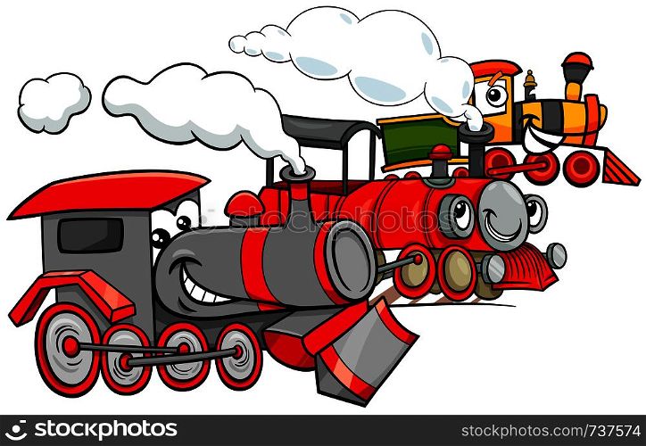 Cartoon Illustration of Steam Engine Locomotive Transport Characters Group