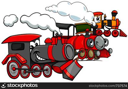 Cartoon Illustration of Steam Engine Locomotive Transport Characters Group