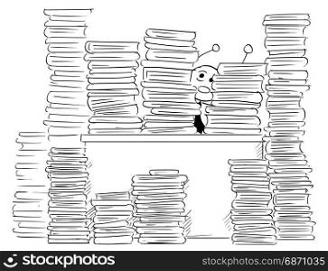 Cartoon illustration of stick man businessman, clerk or manager lost behind office files on his desk calling and hand waving for help.