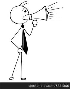 Cartoon illustration of stick man businessman, manager, clerk or politician talking with megaphone.