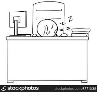 Cartoon illustration of stick man businessman manager or businessman or politician sleeping at his office on the desk table.