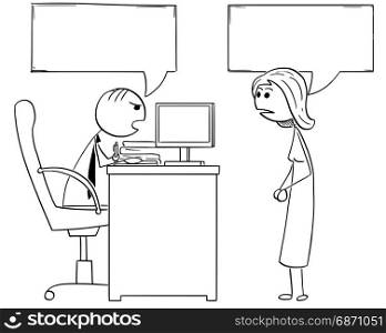 Cartoon illustration of stick man manager boss sitting in his office and talking to female employee.Two empty speech bubbles or balloons above their heads.