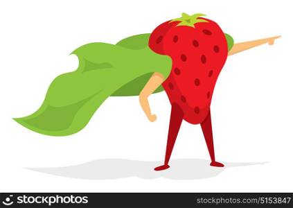 Cartoon illustration of strawberry super hero fruit standing with cape
