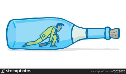 Cartoon illustration of stressed businessman inside wine bottle