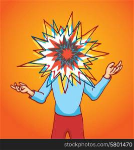 Cartoon illustration of stressed man with colorful exploding head
