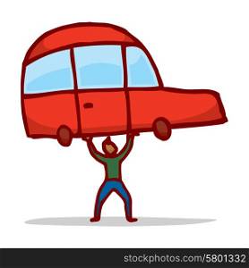 Cartoon illustration of strong man lifting a compact car over his head