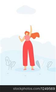 Cartoon Illustration of Strong Pretty Redheaded Woman Standing in Agitating Position Holding Hands Up Inspirational Flat Banner Vector Template Protection Fighting for Womens Rights Feminist Concept. Pretty Agitating Woman Inspirational Flat Template