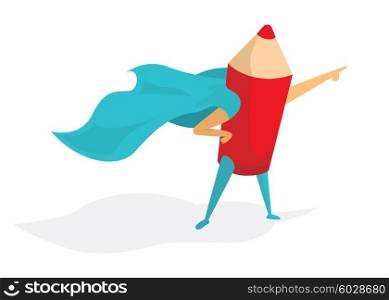 Cartoon illustration of super artist or pencil standing with hero cape