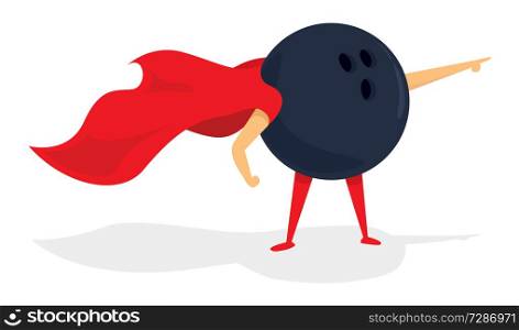 Cartoon illustration of super bowling ball hero with cape