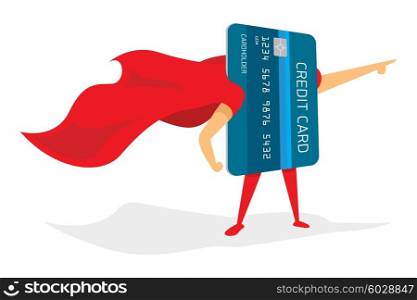 Cartoon illustration of super credit card hero pointing with cape