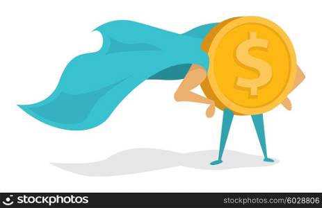 Cartoon illustration of super hero coin standing proudly with cape