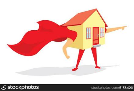 Cartoon illustration of super hero house saving the day